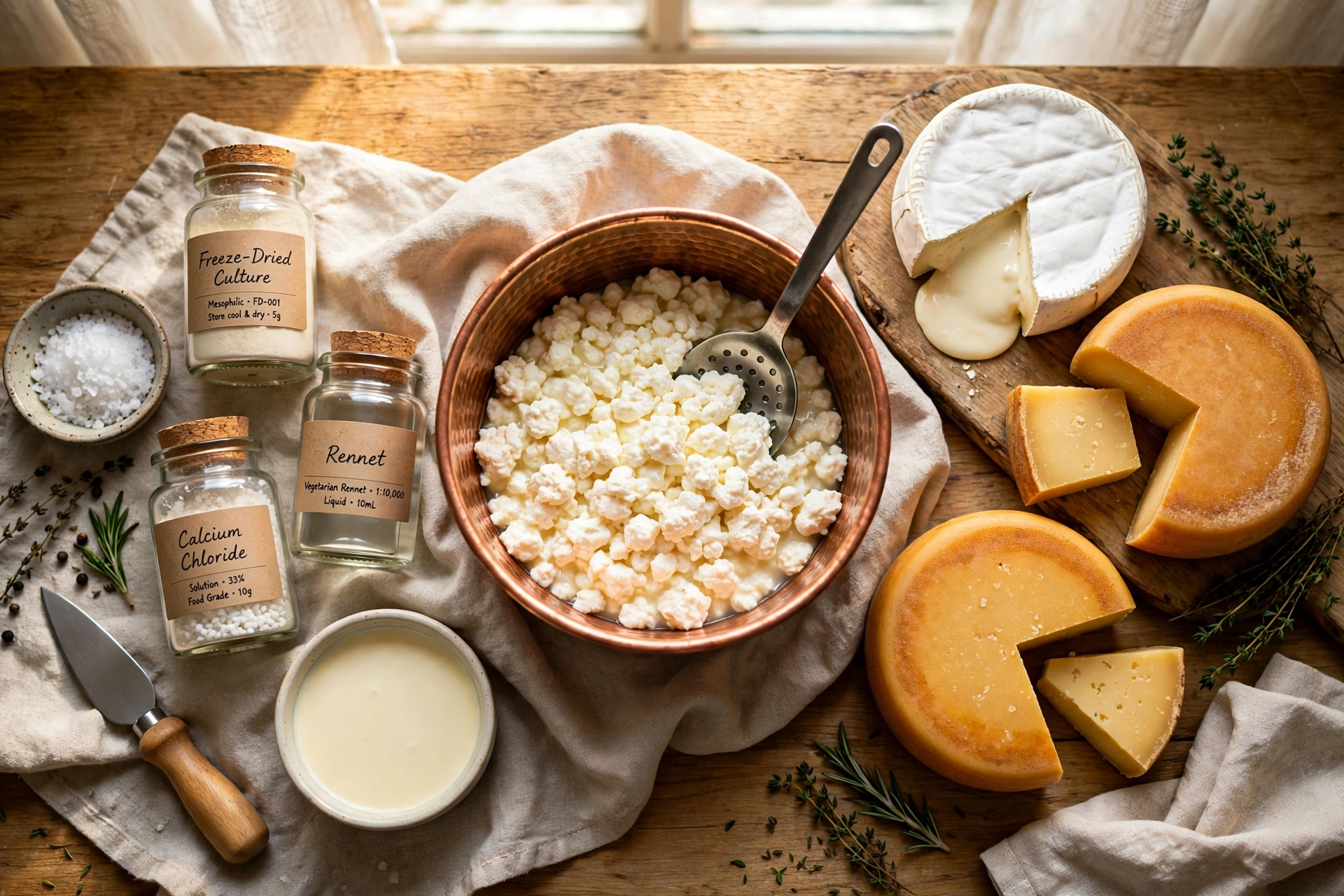 A home cheesemaking table with wheels of cheese, culture jars and fresh curds